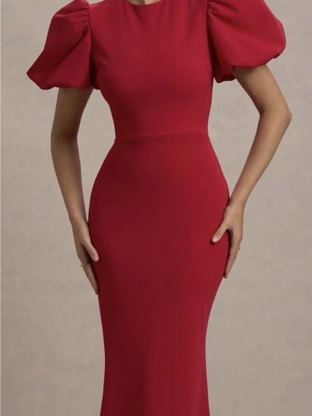 New Club L London Puff Sleeve Midi Dress Red Maxi Mermaid Glam Sz 10 Evening